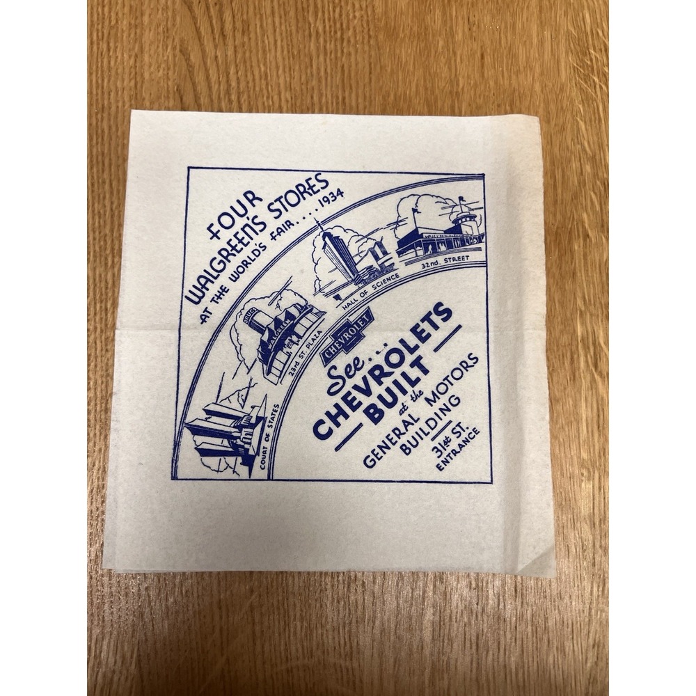 Original 1934 Chicago World's Fair Ephemera – Walgreens Promotional Napkin